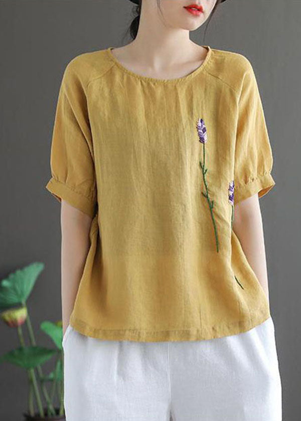 Beautiful Ginger Solid Floral Embroideried Linen Tops Short Sleeve