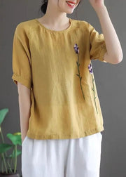 Beautiful Ginger Solid Floral Embroideried Linen Tops Short Sleeve