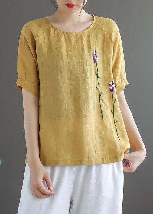 Beautiful Ginger Solid Floral Embroideried Linen Tops Short Sleeve