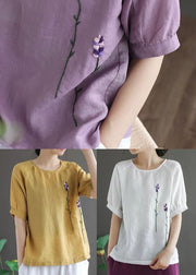 Beautiful Ginger Solid Floral Embroideried Linen Tops Short Sleeve