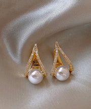 Beautiful Gold Sterling Silver Alloy Pearl Zircon Stud Earrings