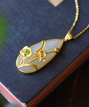 Beautiful Gold Sterling Silver Overgild Inlaid Jade Lotus Water Dro Pendant Necklace