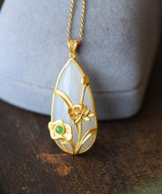 Beautiful Gold Sterling Silver Overgild Inlaid Jade Lotus Water Dro Pendant Necklace