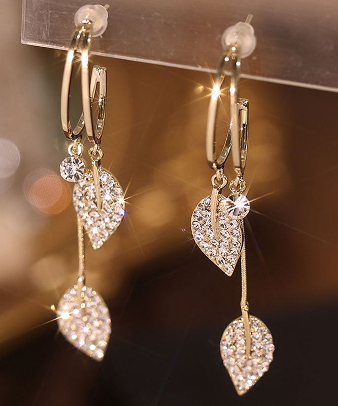 Beautiful Gold Sterling Silver Zircon Leaf Drop Earrings