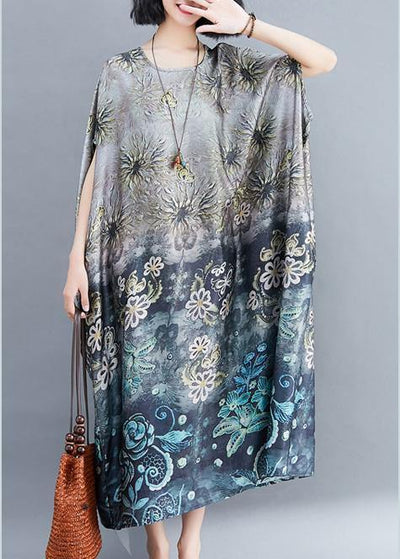 Beautiful Gray Print Long O Neck Baggy  Summer Dress - bagstylebliss