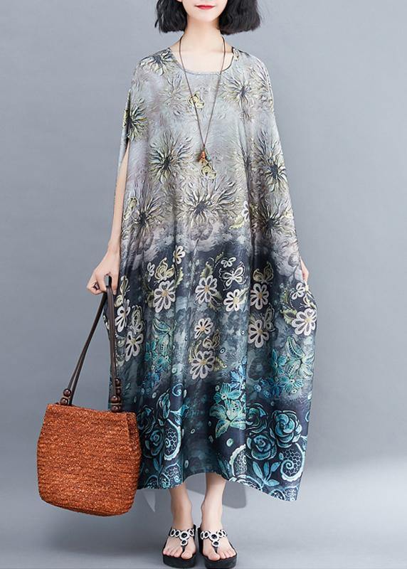 Beautiful Gray Print Long O Neck Baggy  Summer Dress - bagstylebliss