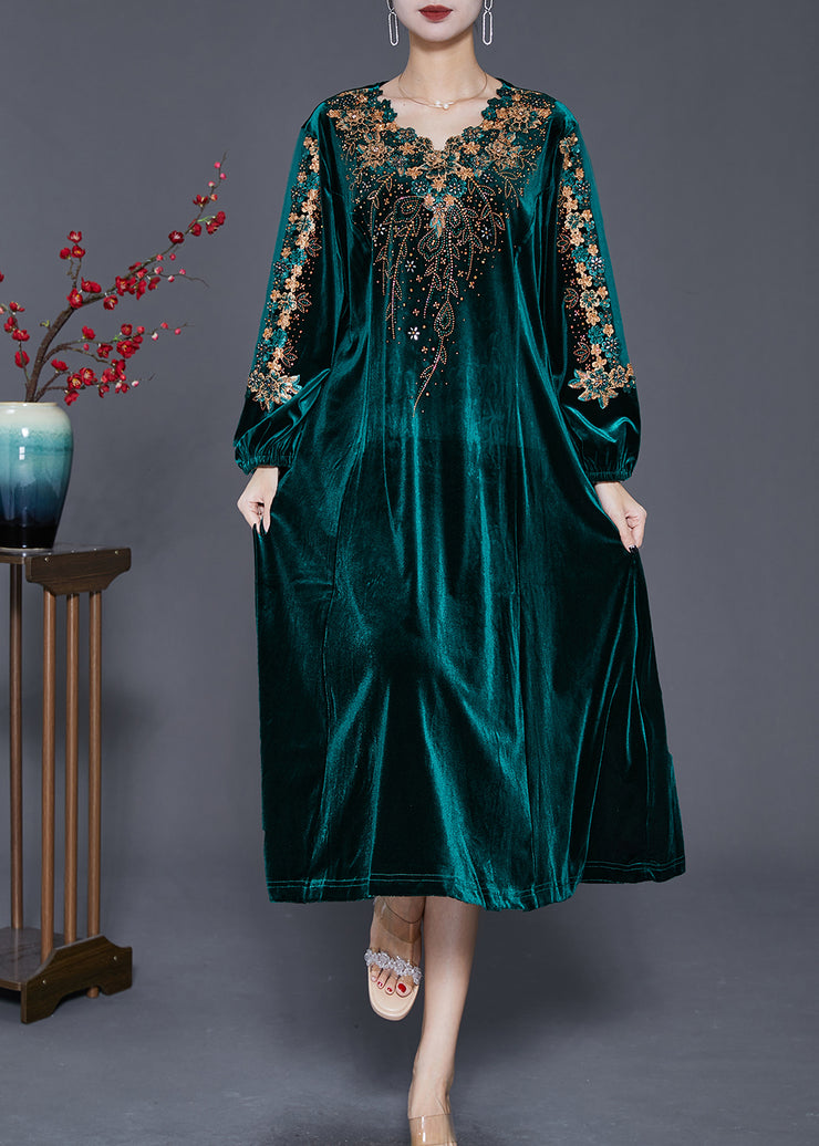 Beautiful Green Embroidered Hollow Out Silk Velour Dress Fall