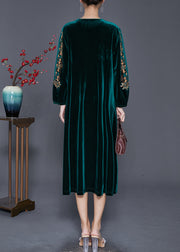 Beautiful Green Embroidered Hollow Out Silk Velour Dress Fall