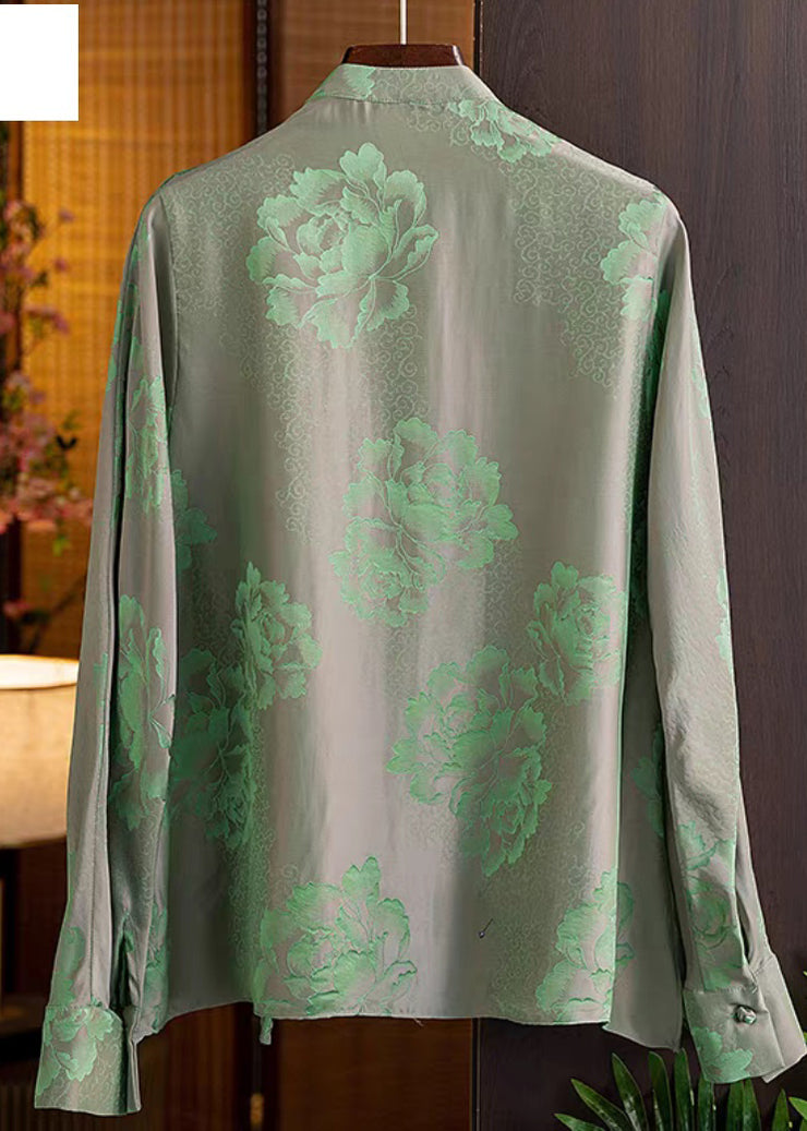 Beautiful Green Mandarin Collar Button Print Silk Shirt Top Spring