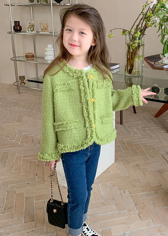 Beautiful Green O Neck Button Patchwork Cotton Girls Coat Fall