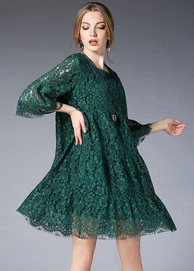 Beautiful Green O-Neck Lace Spring Vacation Dress Half Sleeve - bagstylebliss