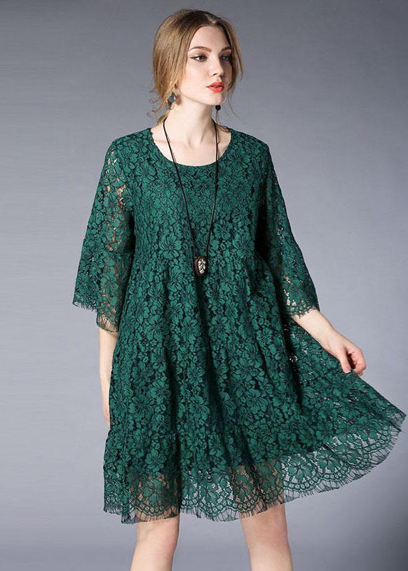 Beautiful Green O-Neck Lace Spring Vacation Dress Half Sleeve - bagstylebliss