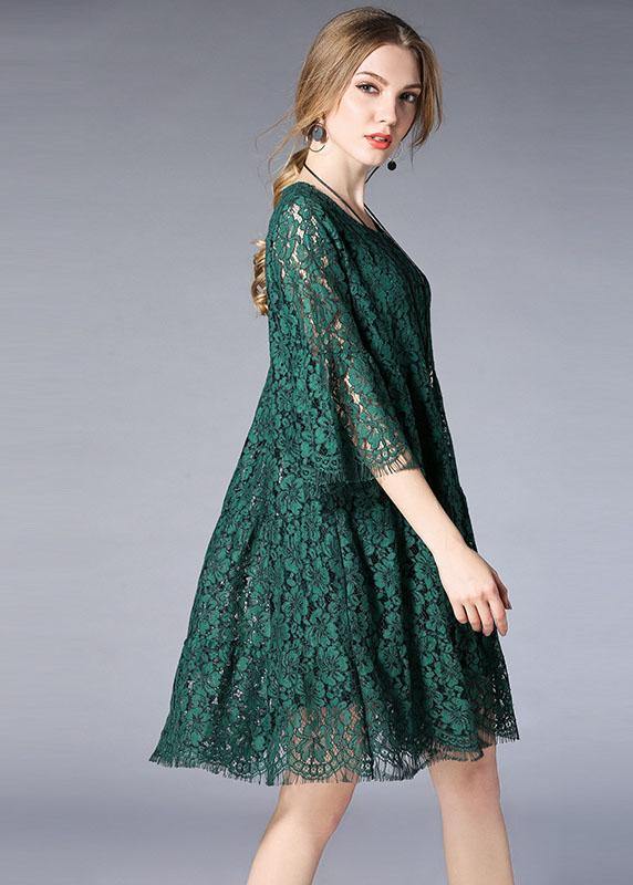 Beautiful Green O-Neck Lace Spring Vacation Dress Half Sleeve - bagstylebliss