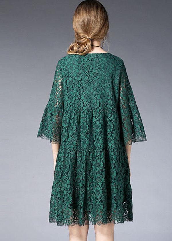 Beautiful Green O-Neck Lace Spring Vacation Dress Half Sleeve - bagstylebliss