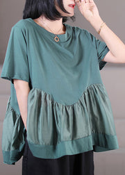 Beautiful Green O-Neck Patchwork Cotton Tank Tops Short Sleeve