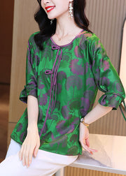 Beautiful Green Oriental O-Neck Ribbon Silk Tops Bracelet Sleeve