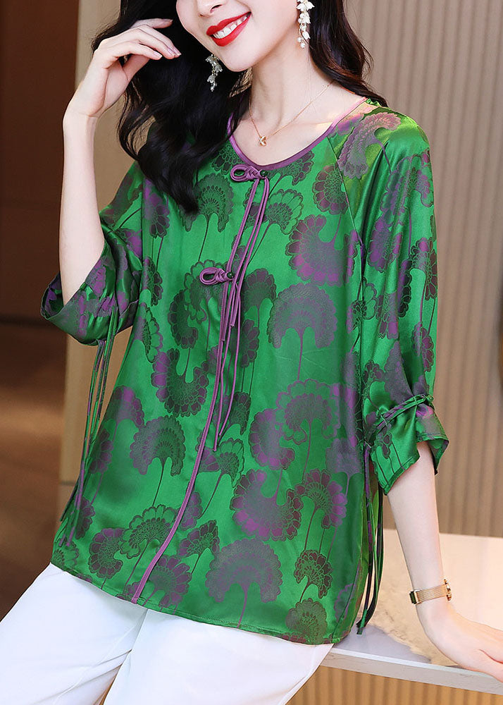 Beautiful Green Oriental O-Neck Ribbon Silk Tops Bracelet Sleeve