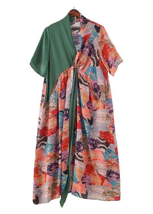 Beautiful Green Patchwork Print Vacation Summer Chiffon Dress - bagstylebliss