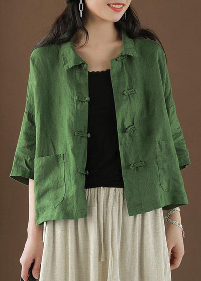 Beautiful Green Peter Pan Collar Pockets Summer Linen top - bagstylebliss