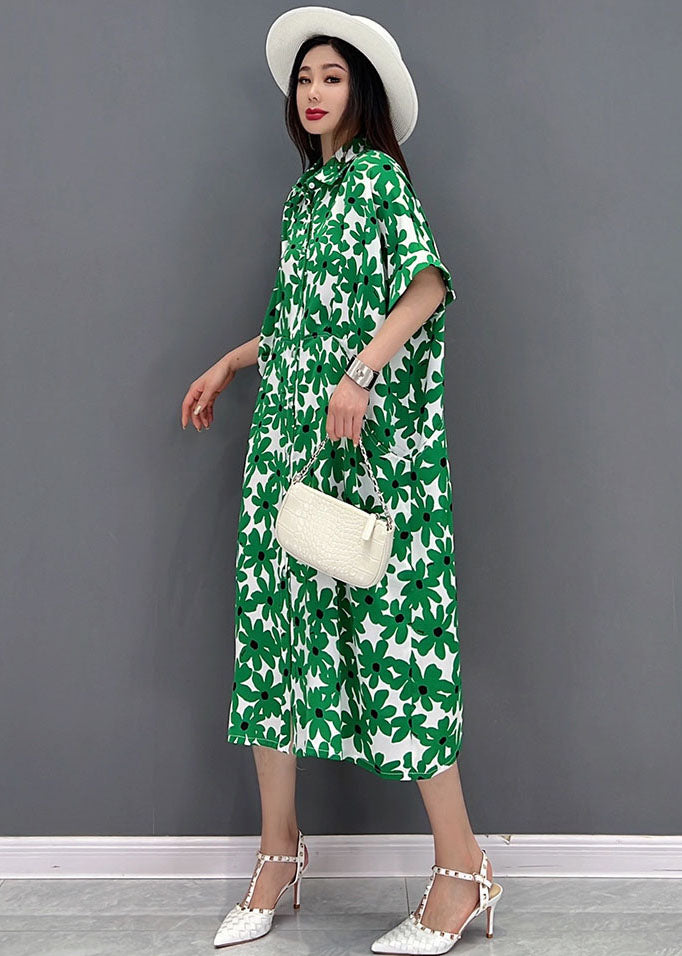 Beautiful Green Peter Pan Collar Print Shirt Dress Short Sleeve