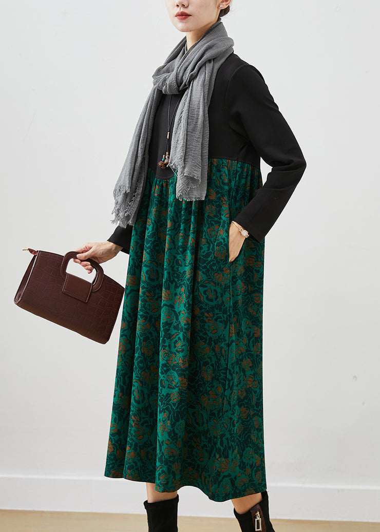 Beautiful Green Print Patchwork Cotton Maxi Dress Fall