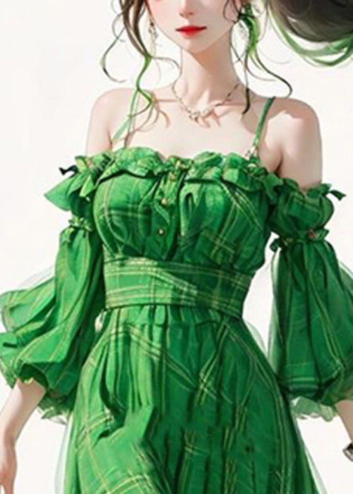 Beautiful Green Ruffled Patchwork Cotton Spaghetti Strap Dresses Flare Sleeve