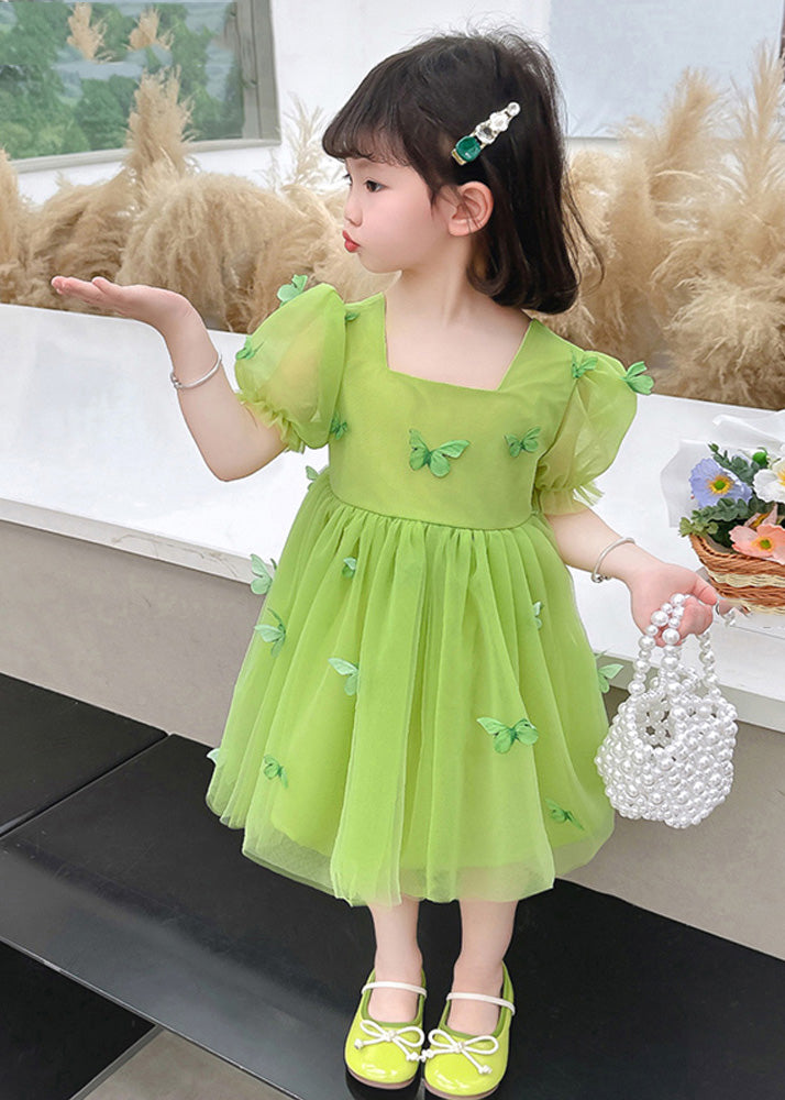 Beautiful Green Square Collar Patchwork Tulle Girls Long Dresses Short Sleeve