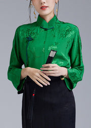 Beautiful Green Stand Collar Jacquard Diagonal Button Silk Top Long sleeve