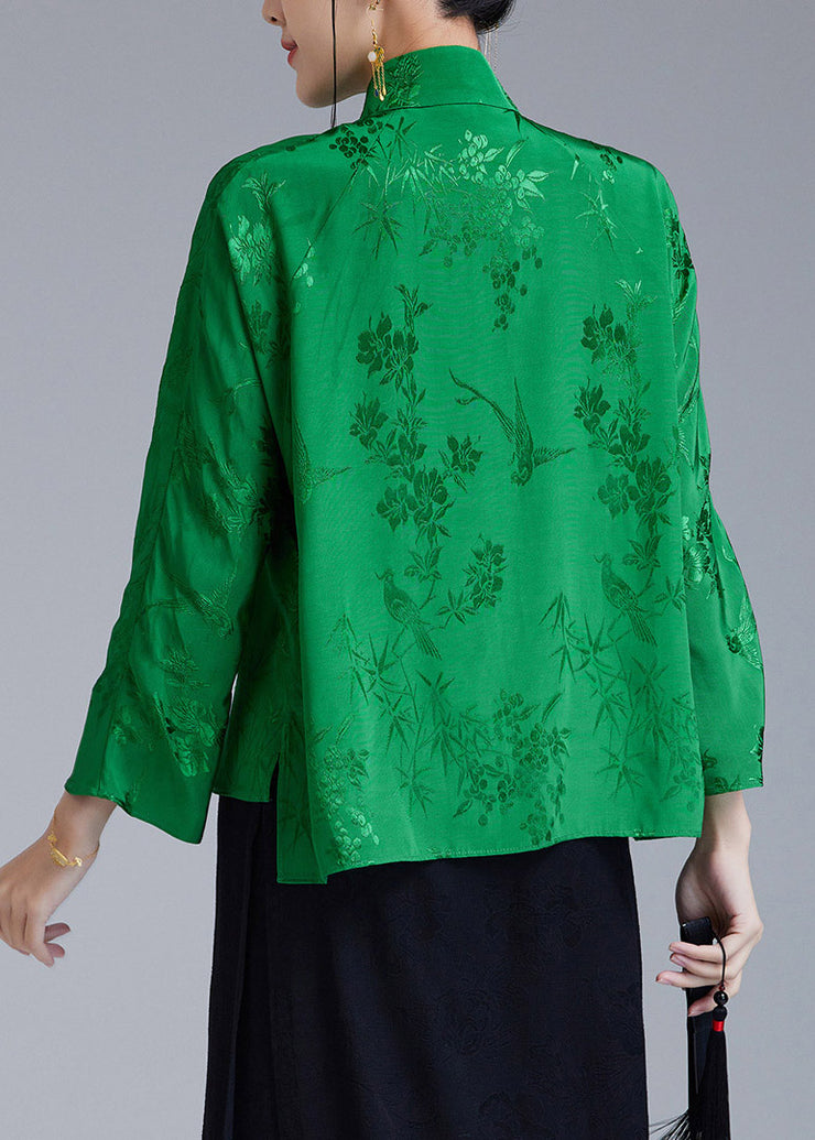 Beautiful Green Stand Collar Jacquard Diagonal Button Silk Top Long sleeve