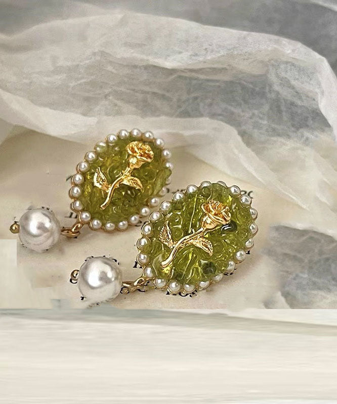 Beautiful Green Sterling Silver Alloy Pearl Resin Floral Drop Earrings