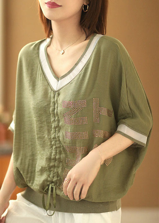 Beautiful Green V Neck Drawstring Patchwork Shirt Short Sleeve