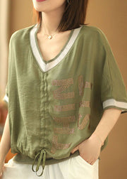 Beautiful Green V Neck Drawstring Patchwork Shirt Short Sleeve