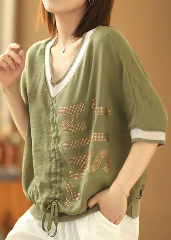 Beautiful Green V Neck Drawstring Patchwork Shirt Short Sleeve