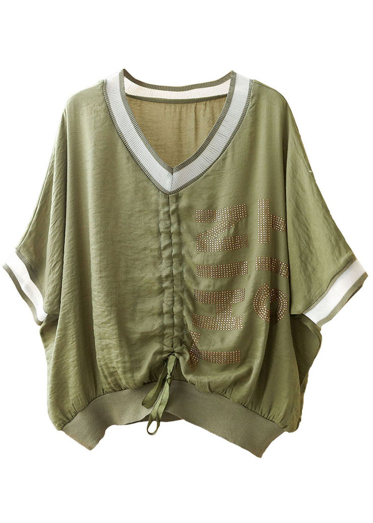 Beautiful Green V Neck Drawstring Patchwork Shirt Short Sleeve