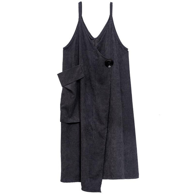 Beautiful Grey Asymmetrical Design Corduroy Cotton Sundress - bagstylebliss