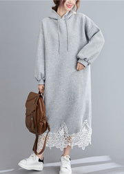 Beautiful Grey Hooded Patchwork Loose Sweatshirts dress Winter