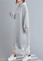 Beautiful Grey Hooded Patchwork Loose Sweatshirts dress Winter