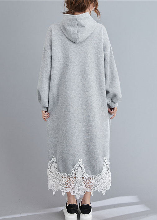 Beautiful Grey Hooded Patchwork Loose Sweatshirts dress Winter