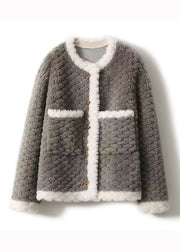 Beautiful Grey O Neck Pockets Patchwork Wool Coat Winter