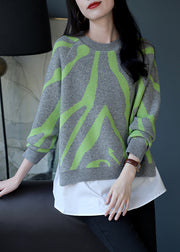 Beautiful Grey O-Neck Thick Striped Patchwork Fake Two Pieces Knit Sweaters Fall