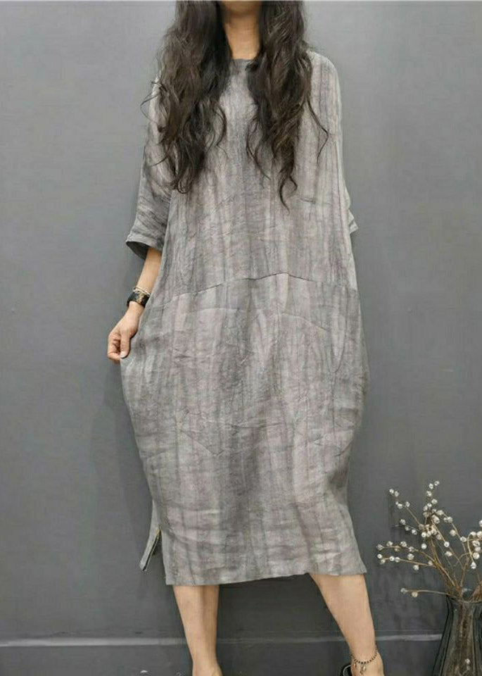 Beautiful Grey O-Neck Wrinkled Side Open Linen Long Dress Batwing Sleeve