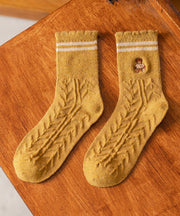 Beautiful Khaki Embroidery Jacquard Cotton Mid Calf Socks