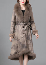 Beautiful Khaki Fox Collar Tie Waist Fuzzy Rabbit Leather And Fur Coats Winter