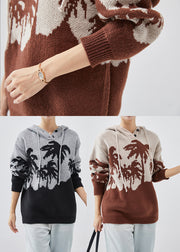 Beautiful Khaki Hooded Jacquard Knit Sweatshirt Spring