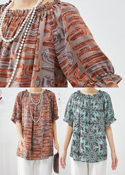 Beautiful Khaki Oversized Print Chiffon Blouse Tops Summer