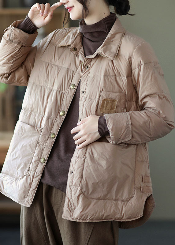 Beautiful Khaki Button Loose low high design Winter Down Coats