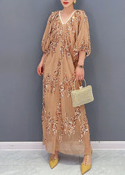 Beautiful Khaki Sequins Wrinkled Tulle Party Long Dress Puff Sleeve