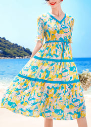 Beautiful Lake Blue V Neck Drawstring Print Chiffon Beach Dresses Short Sleeve