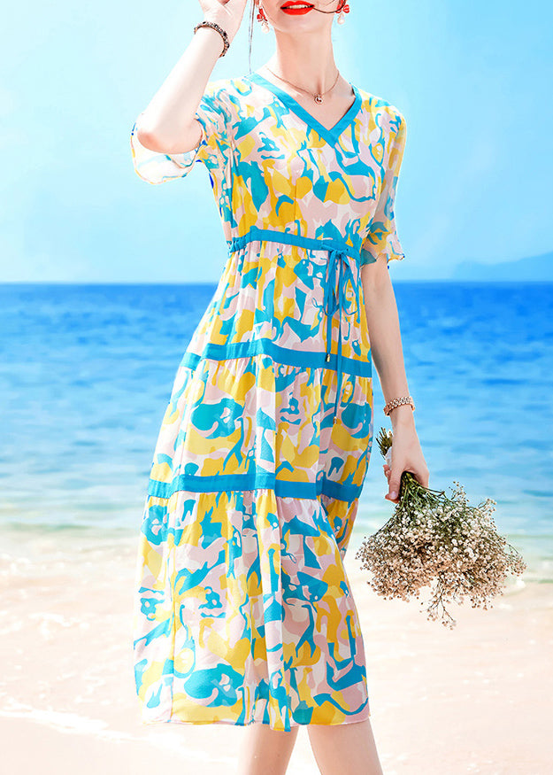 Beautiful Lake Blue V Neck Drawstring Print Chiffon Beach Dresses Short Sleeve