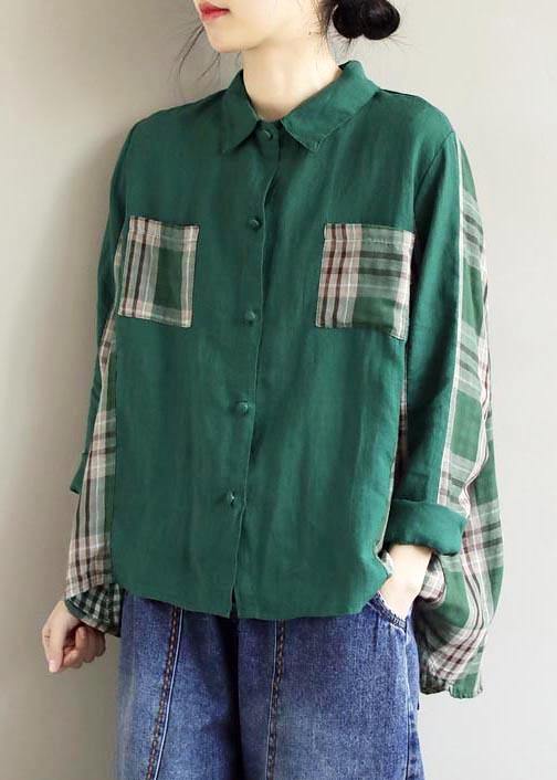 Beautiful Lapel Patchwork Spring Blouse Fabrics Green Plaid Shirts - bagstylebliss
